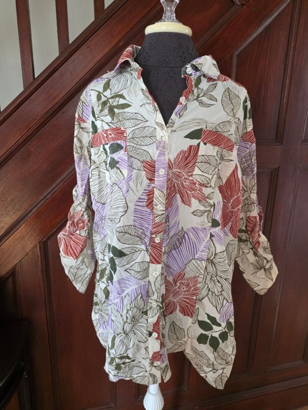 Tropical Floral Button-Up Shirt 3X Lightweight Cotton Made In India Multicolor